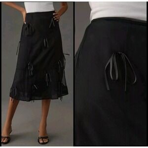 Maeve Anthropologie Black Ribbon Bow Midi Skirt Petite 2P Coquette Balletcore